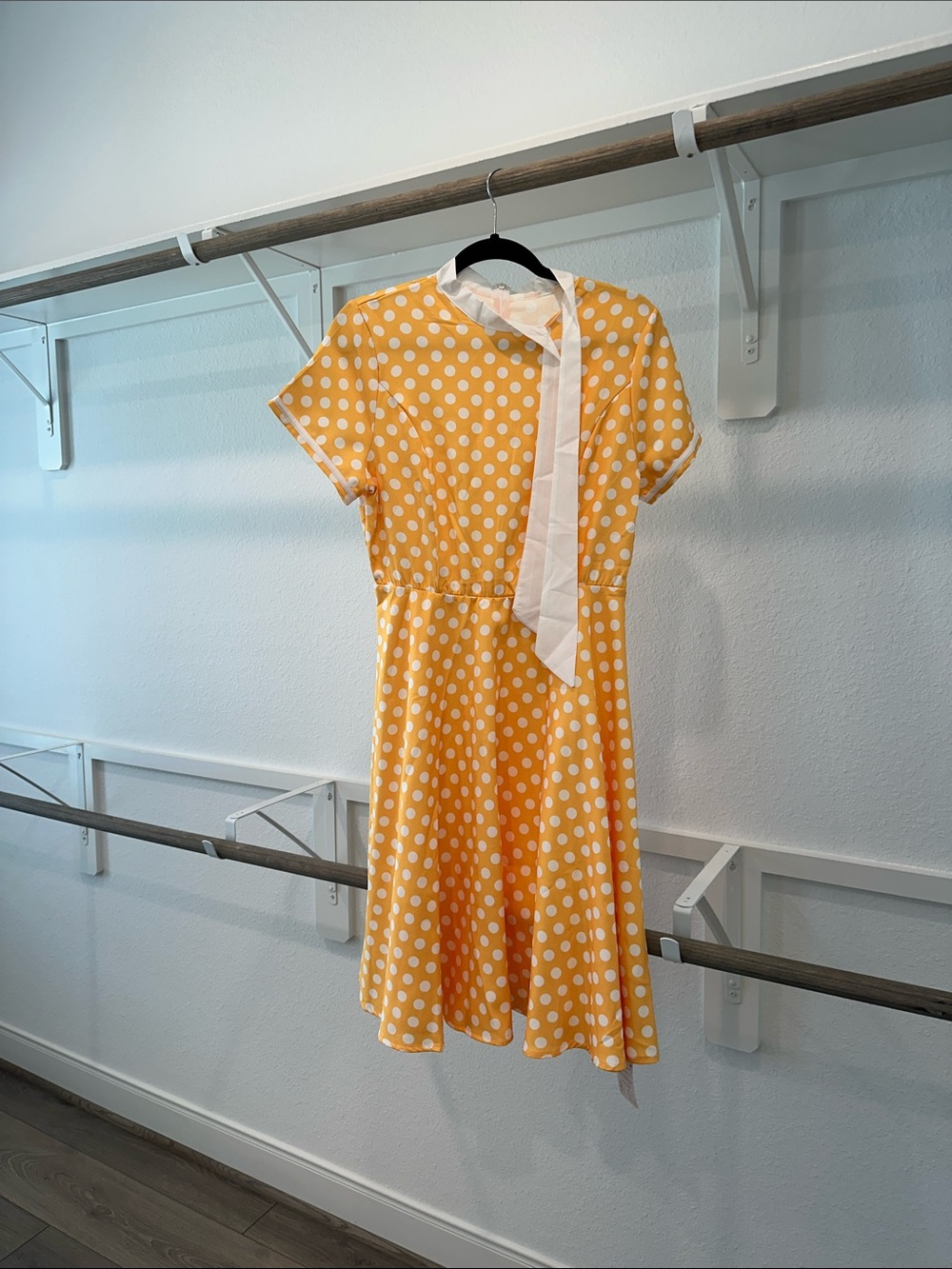 Source Unknown Yellow Polka Dot Midi Dress with Neck Tie